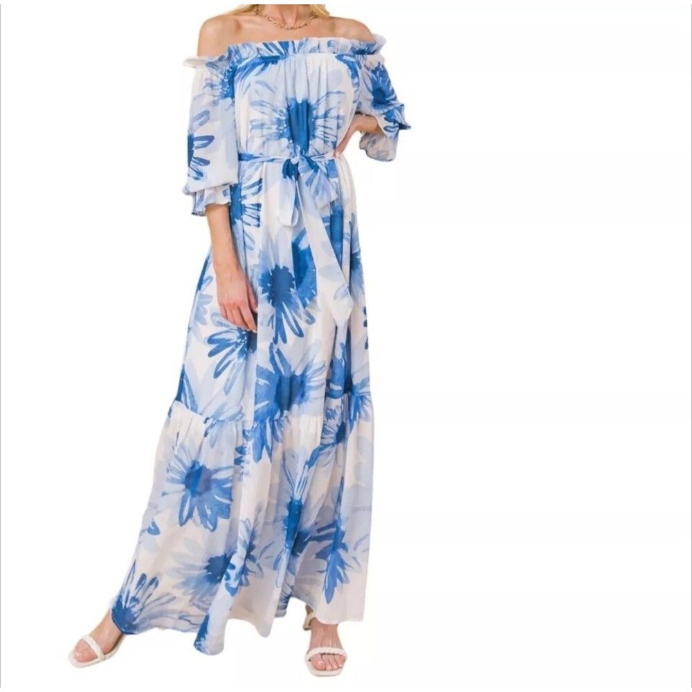 Flying Tomato Artsy Floral Off The Shoulder Tiered Maxi Dress - L
